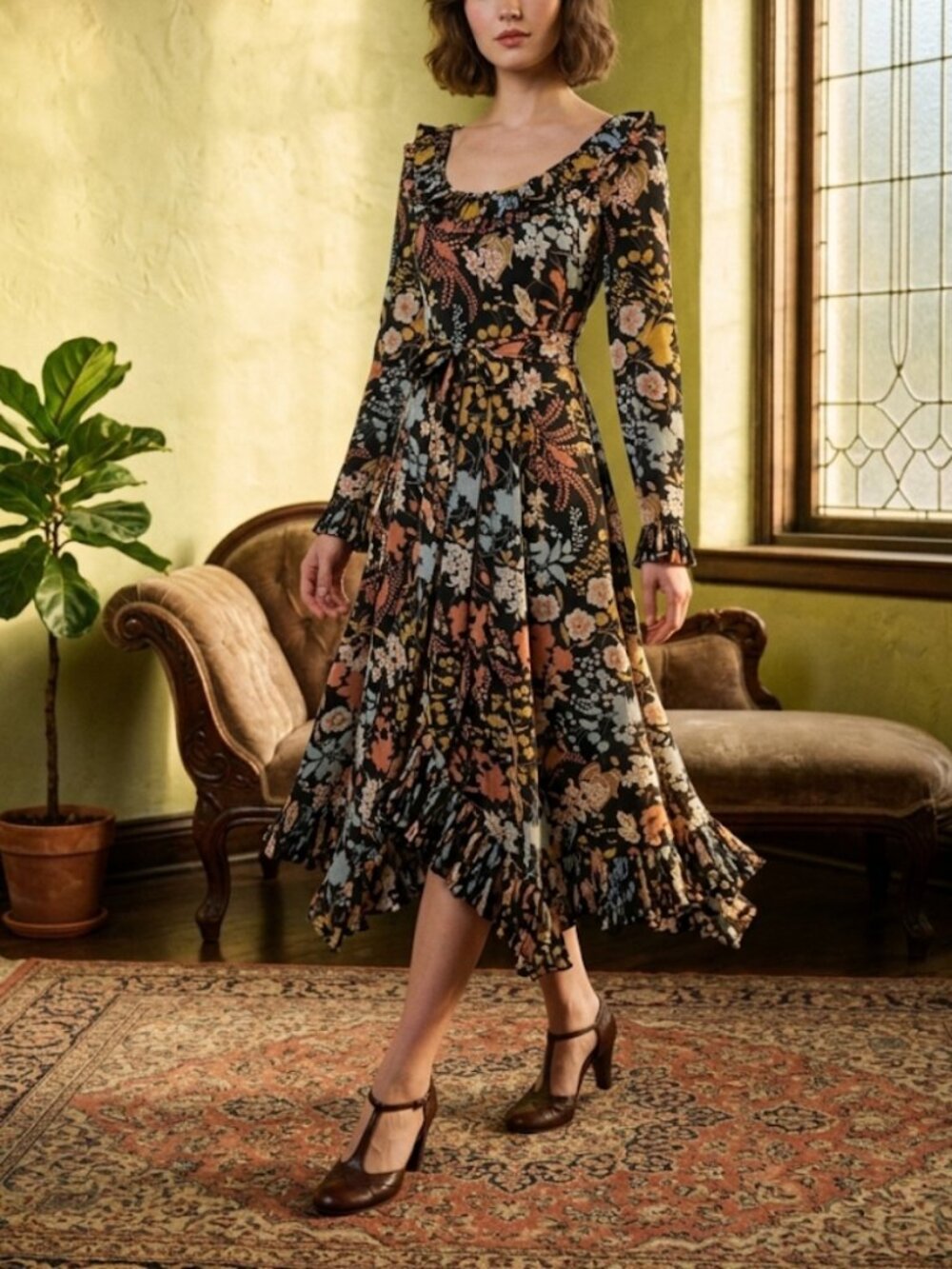 VTG Victor Costa Floral Midi Dress Off Shoulder Ruffle 1970s Womens Size 8